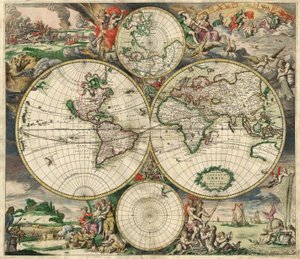 Terrarum Orbis Tabula etter G. a Schagen. Pub. C. 1689 (håndfarget gravering)